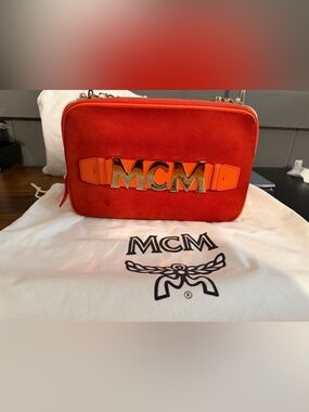 MCM Orange Suede Logo Camera Bag with Gold Hardware